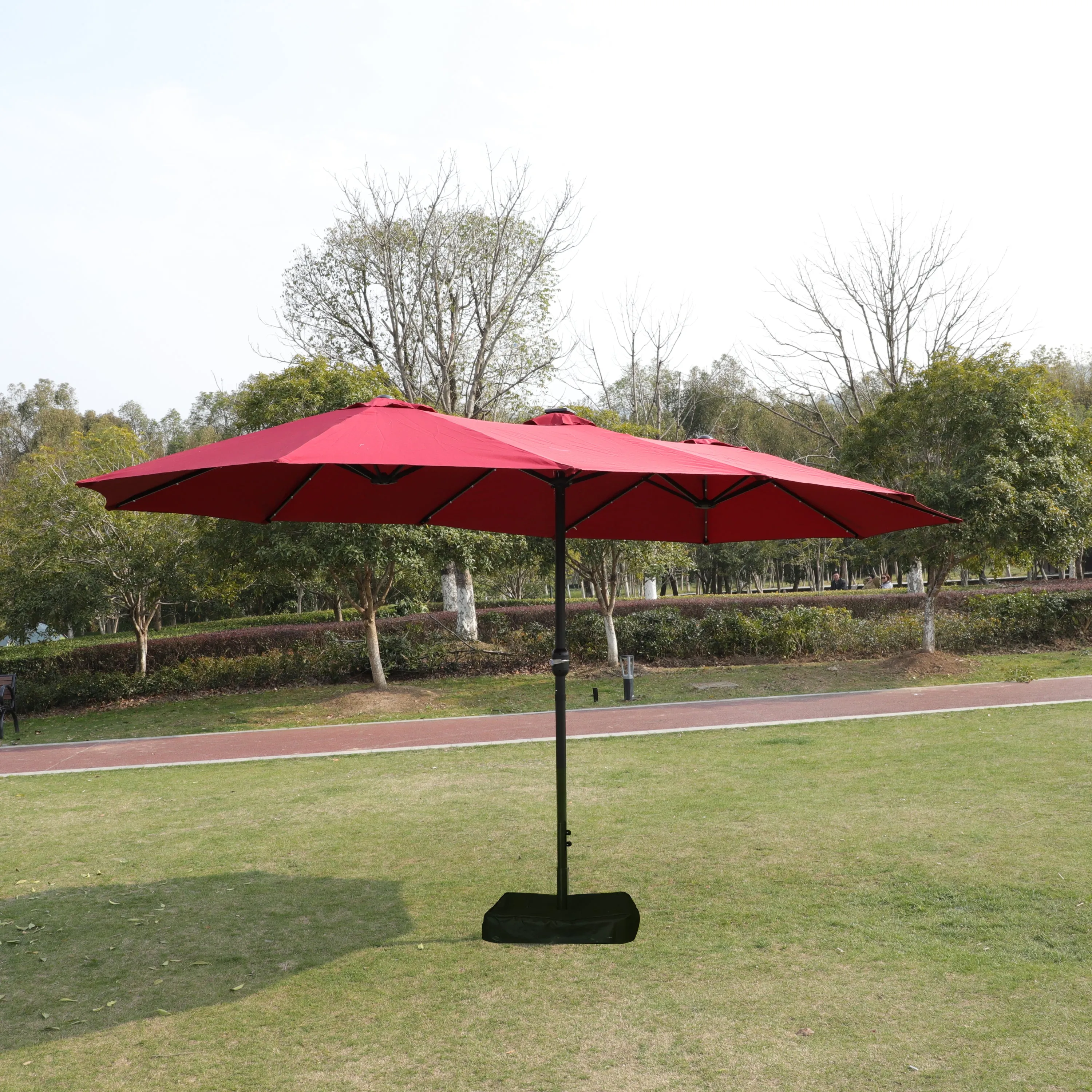 15x9ft Large Double-Sided Rectangular Outdoor Twin Patio Market Umbrella with light and base- red