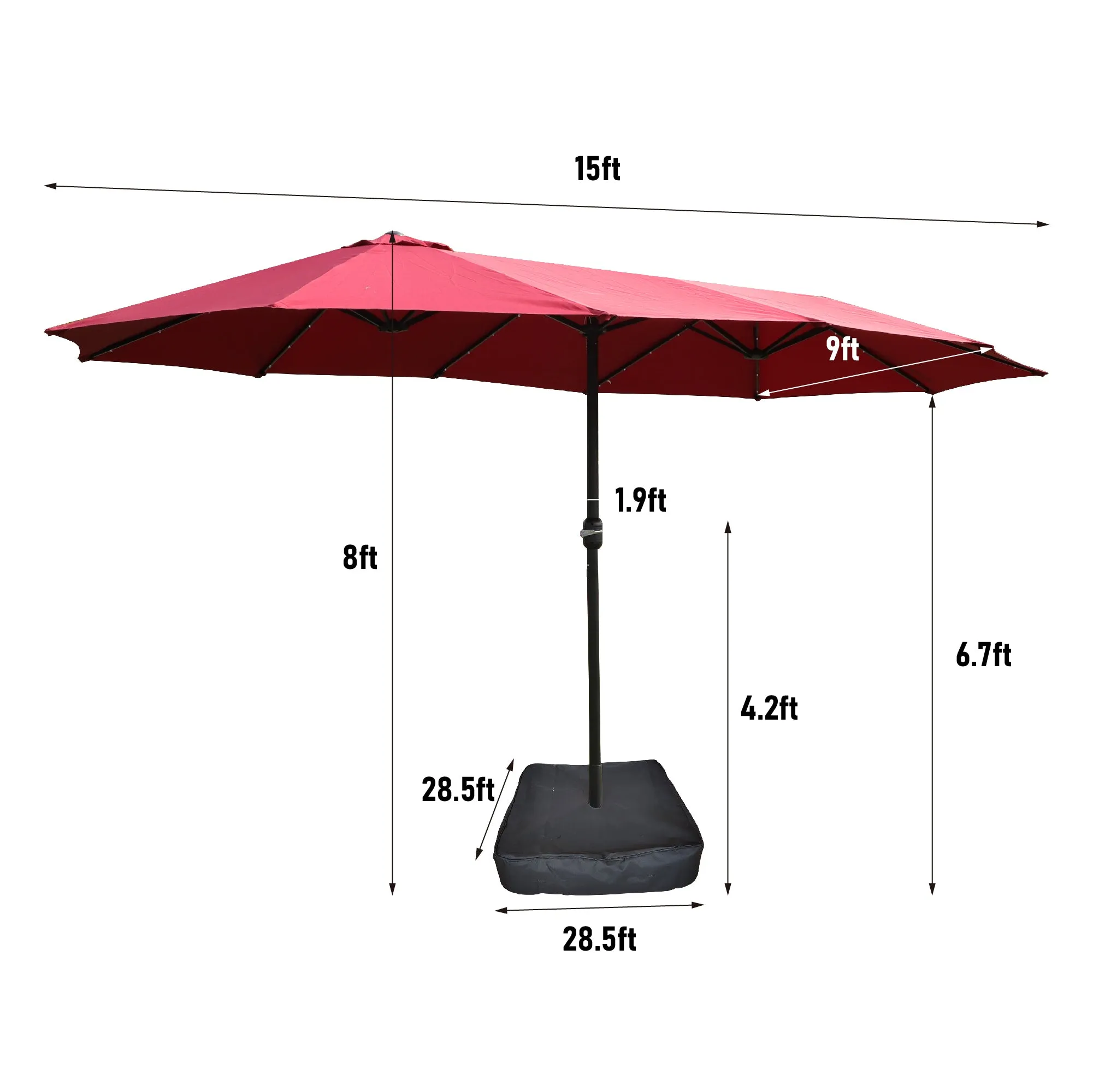 15x9ft Large Double-Sided Rectangular Outdoor Twin Patio Market Umbrella with light and base- red