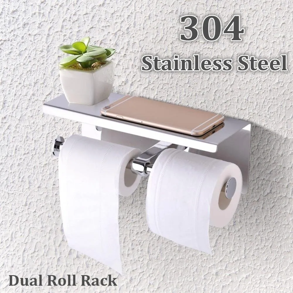 304 Stainless Steel Double Toilet Paper Holder Bathroom Roll Tissue Roller Holder Wall Storage Shelf Rack