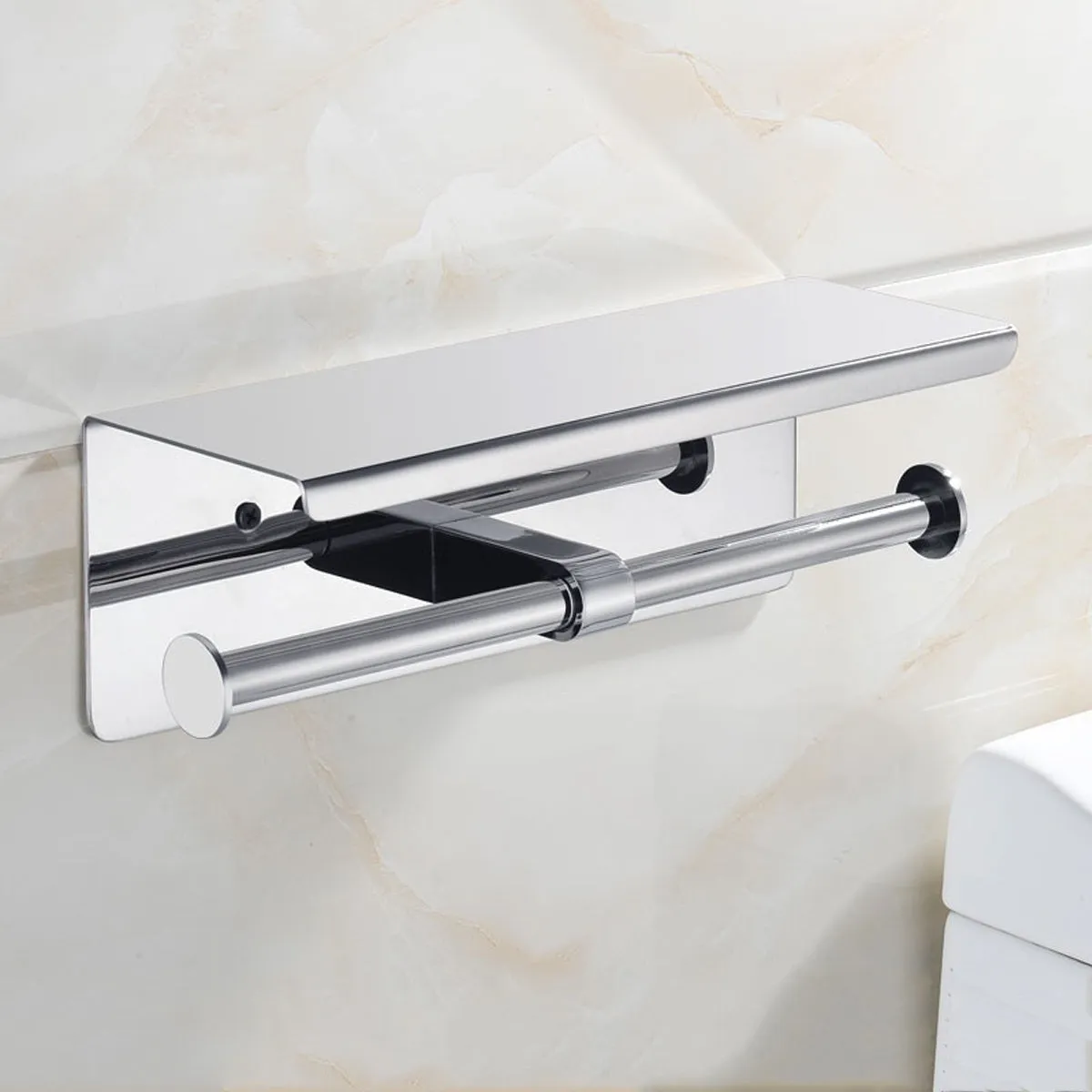 304 Stainless Steel Double Toilet Paper Holder Bathroom Roll Tissue Roller Holder Wall Storage Shelf Rack