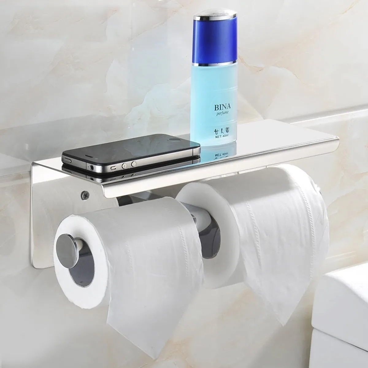 304 Stainless Steel Double Toilet Paper Holder Bathroom Roll Tissue Roller Holder Wall Storage Shelf Rack