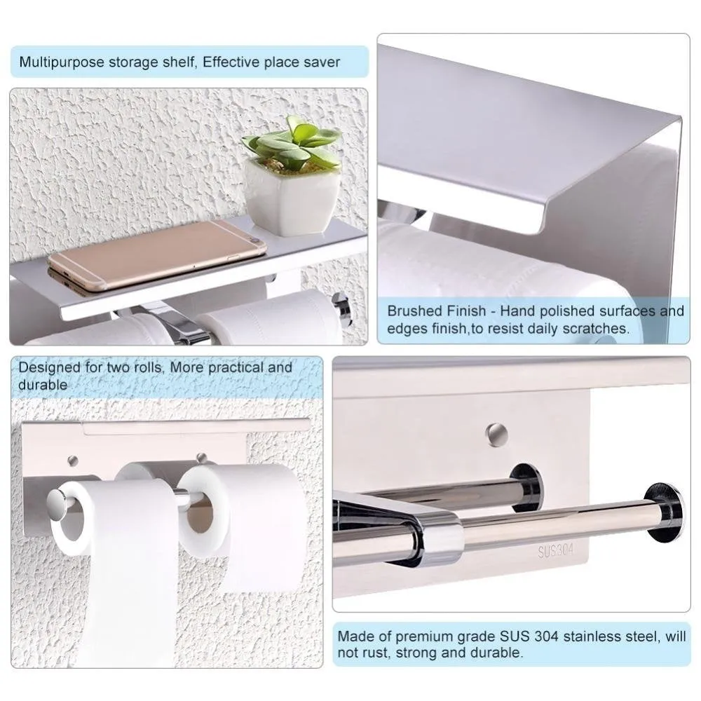 304 Stainless Steel Double Toilet Paper Holder Bathroom Roll Tissue Roller Holder Wall Storage Shelf Rack