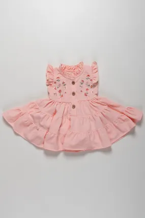 Adorable Girls Pink Cotton Ruffle Frock with Floral Embroidery