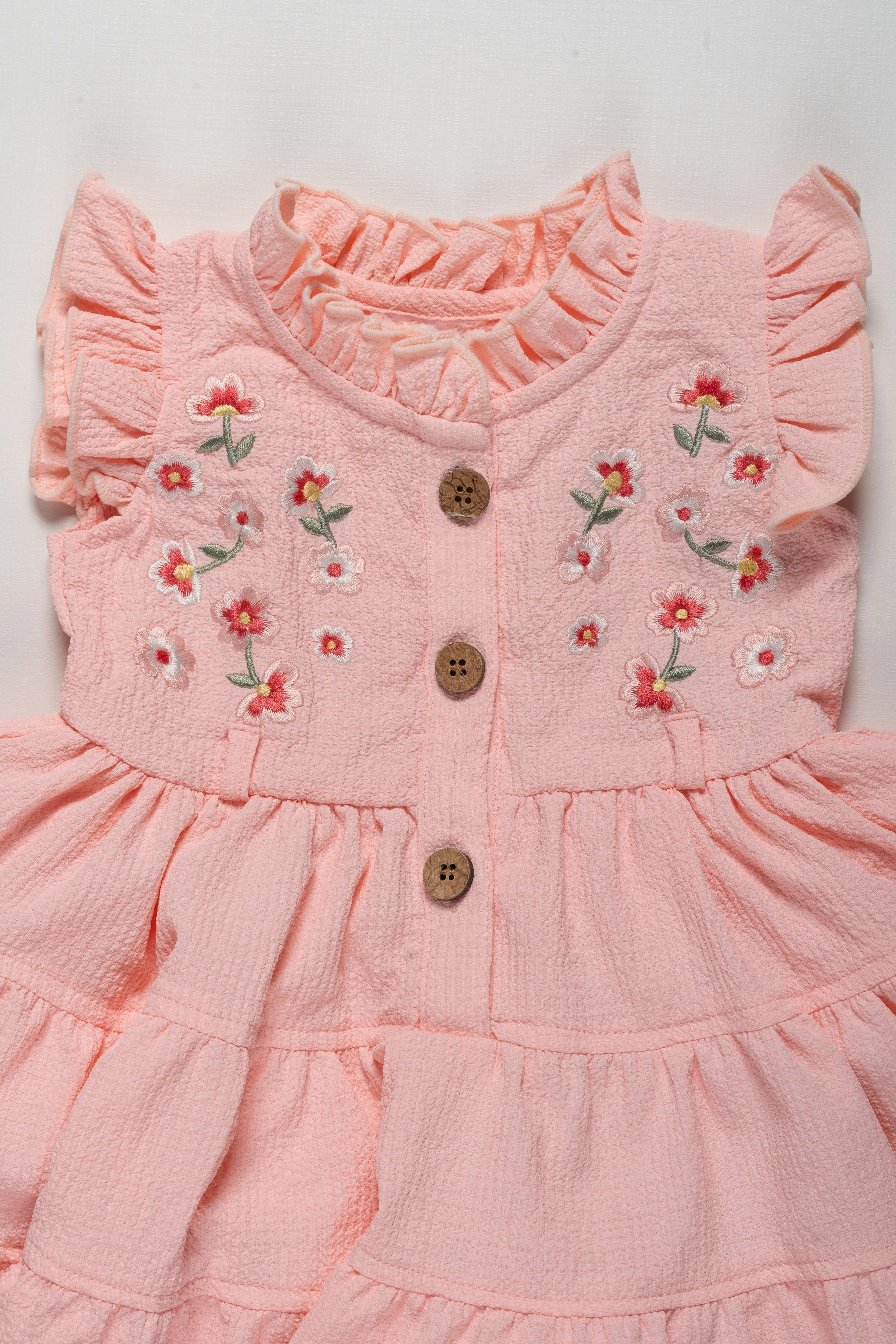 Adorable Girls Pink Cotton Ruffle Frock with Floral Embroidery