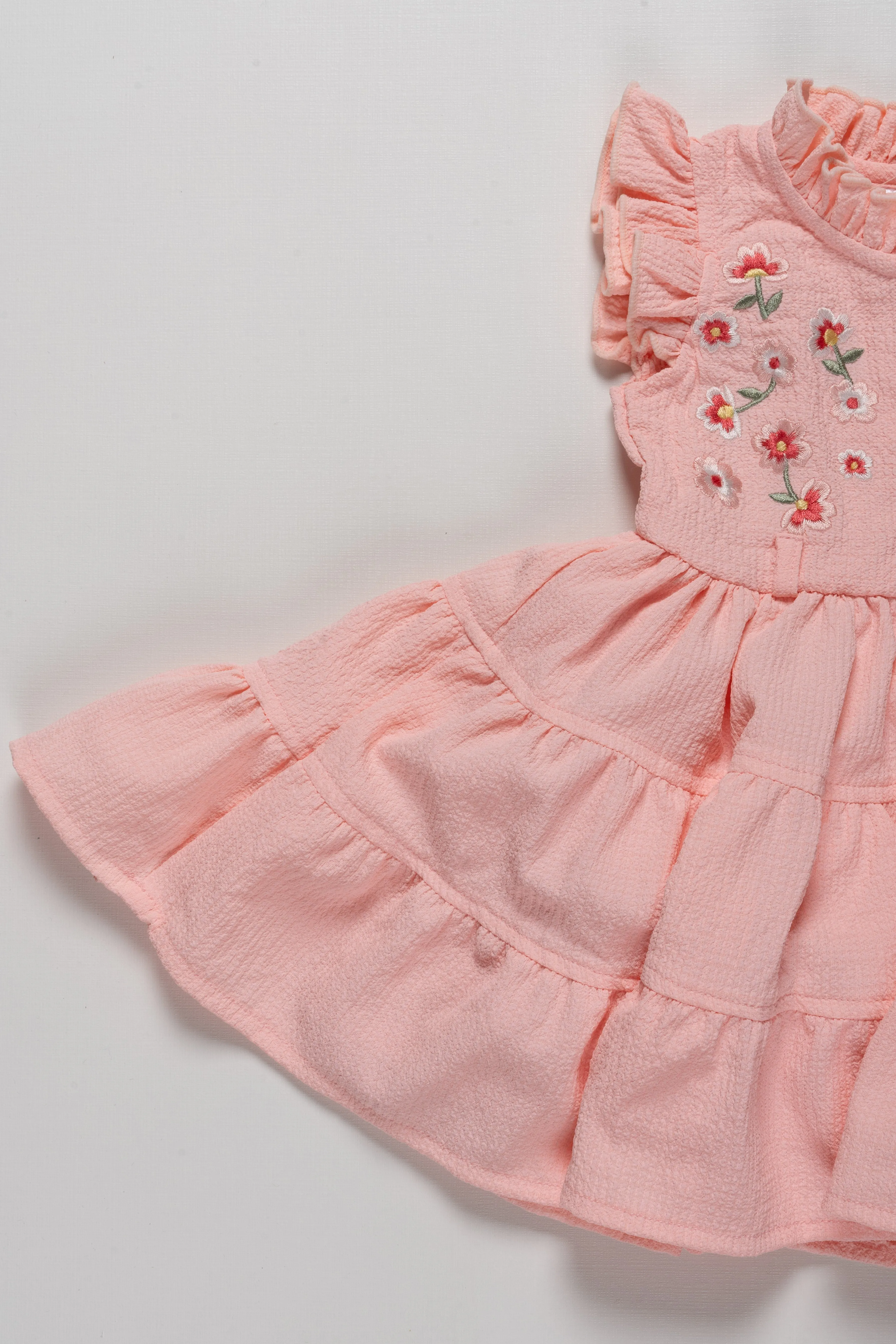 Adorable Girls Pink Cotton Ruffle Frock with Floral Embroidery