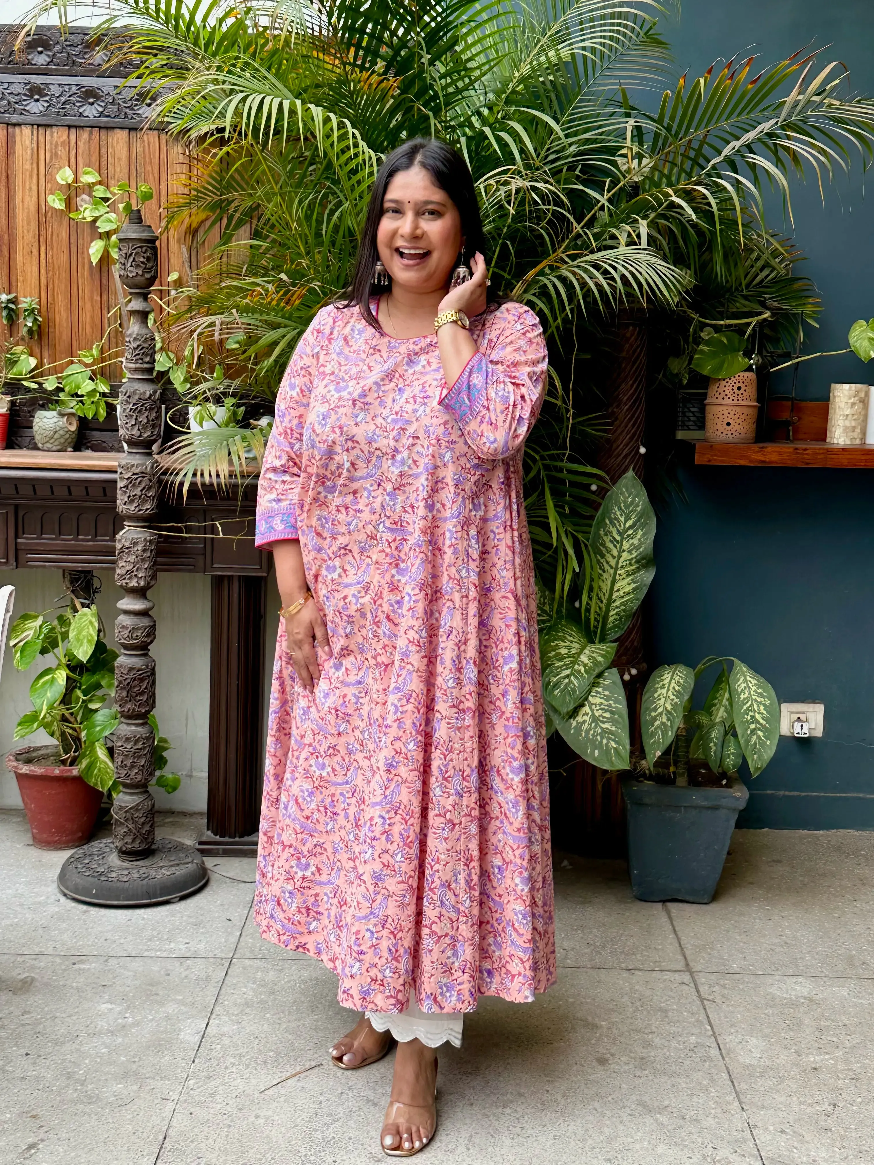 All over printed Anarkali- Coral Pink