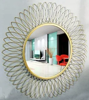 Arsalan Arslan Decorative Mirror Wall Mounted Hanging Mirror Sculpture Metal Leaf Design Modern Art Mirror Home Decor (60 X 60 Cm)(Framed , Round, Gold)