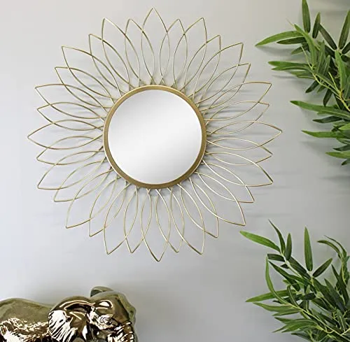 Arsalan Arslan Decorative Mirror Wall Mounted Hanging Mirror Sculpture Metal Leaf Design Modern Art Mirror Home Decor (60 X 60 Cm)(Framed , Round, Gold)