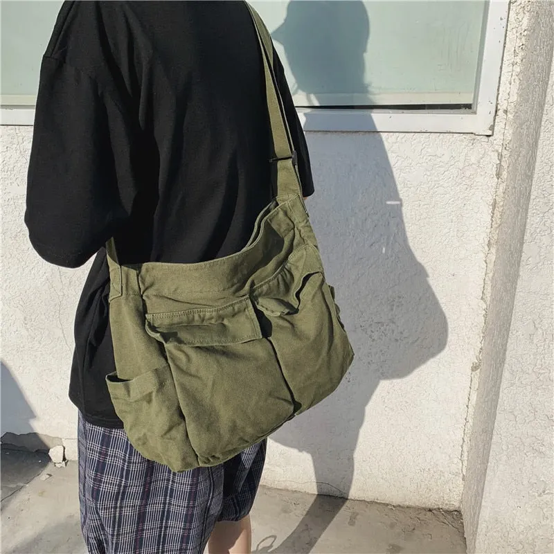 Back to school Korean Fashion Single Shoulder Bag Men Women Universal Student Canvas School Bag Street Trend Retro Large Capacity Bag