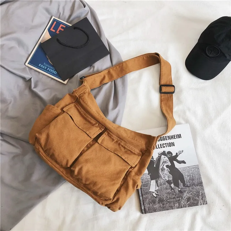 Back to school Korean Fashion Single Shoulder Bag Men Women Universal Student Canvas School Bag Street Trend Retro Large Capacity Bag