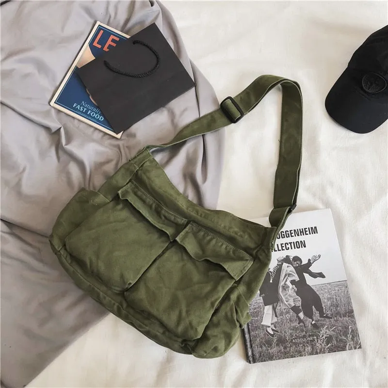 Back to school Korean Fashion Single Shoulder Bag Men Women Universal Student Canvas School Bag Street Trend Retro Large Capacity Bag