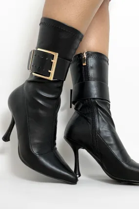 Belted Vegan Leather 3.5 Inch Spool Heel Pointed Toe Booties