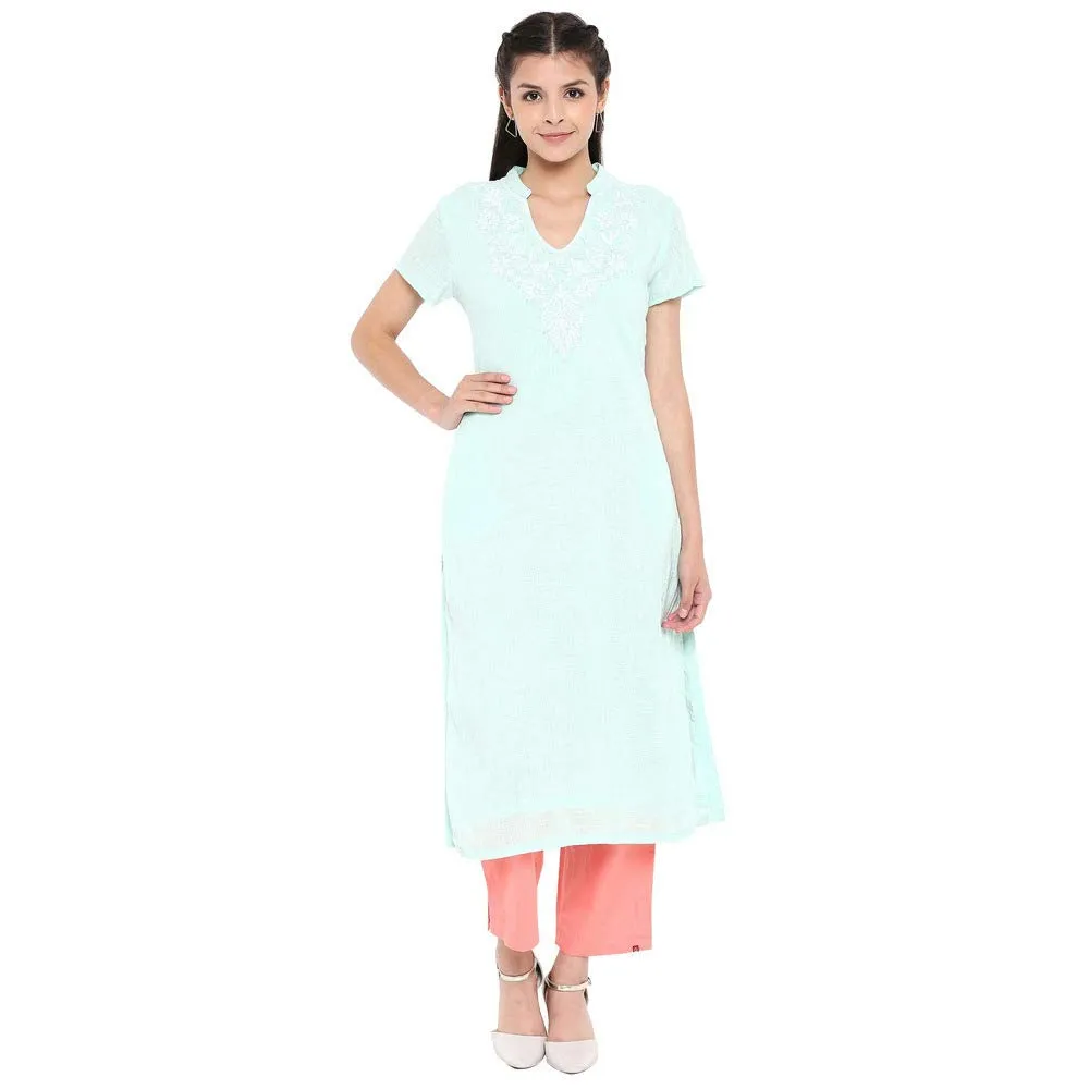 BIBA Women's Cotton Straight Kurta (CHIKANKA14740_Aqua Blue_32_Aqua Blue_S)