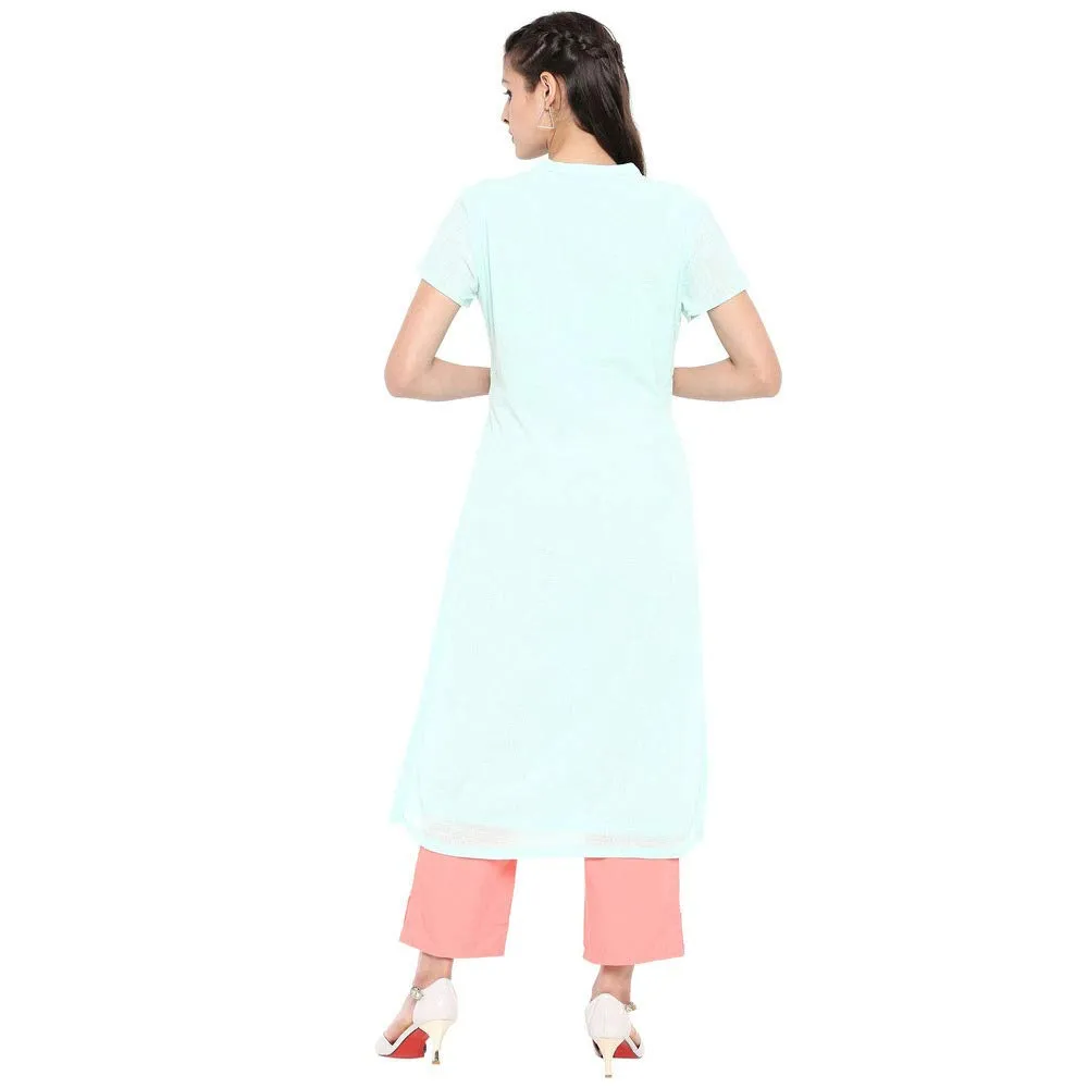 BIBA Women's Cotton Straight Kurta (CHIKANKA14740_Aqua Blue_32_Aqua Blue_S)