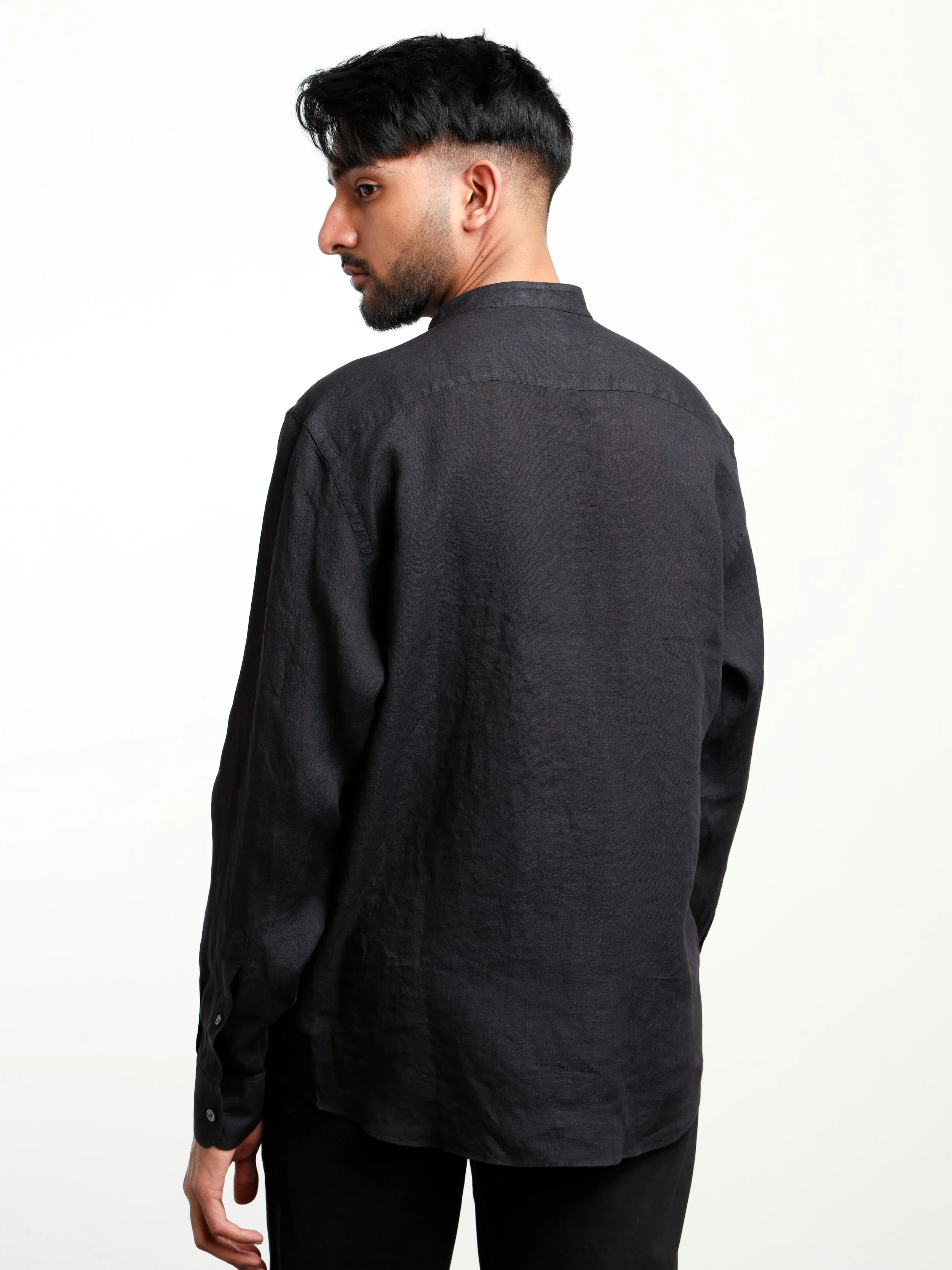 Black Linen Dress Shirt with Band Collar