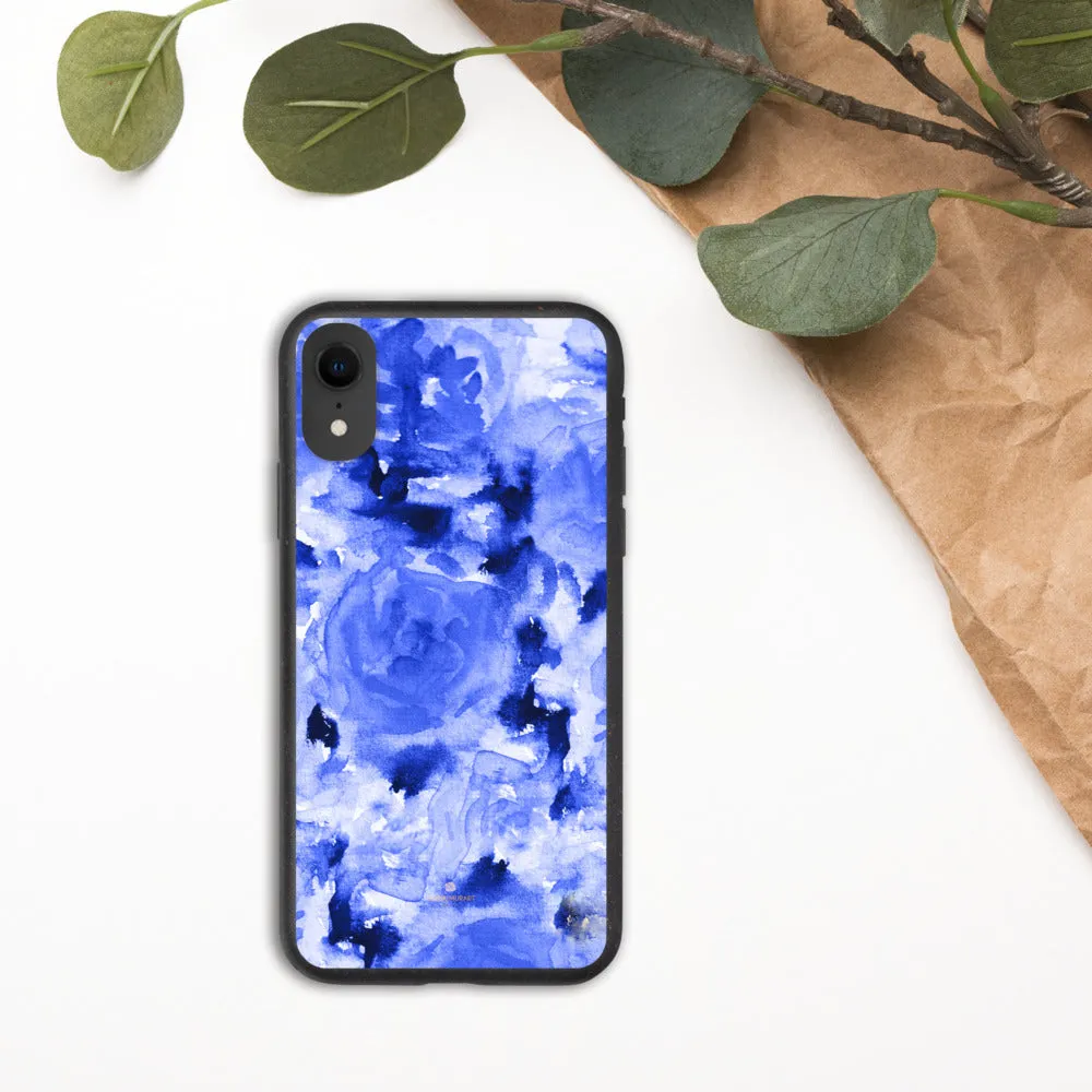 Blue Floral Biodegradable Phone Case, Flower Print Anti-Shock iPhone Case-Printed in EU