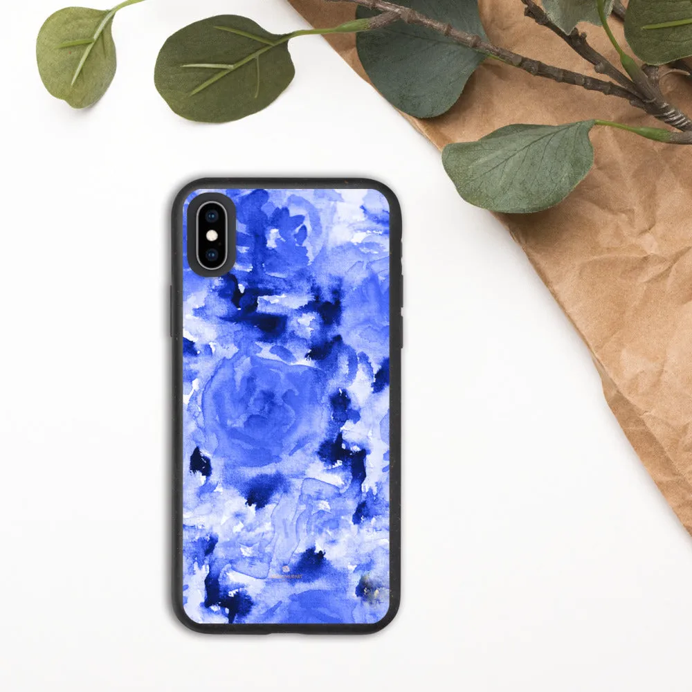 Blue Floral Biodegradable Phone Case, Flower Print Anti-Shock iPhone Case-Printed in EU