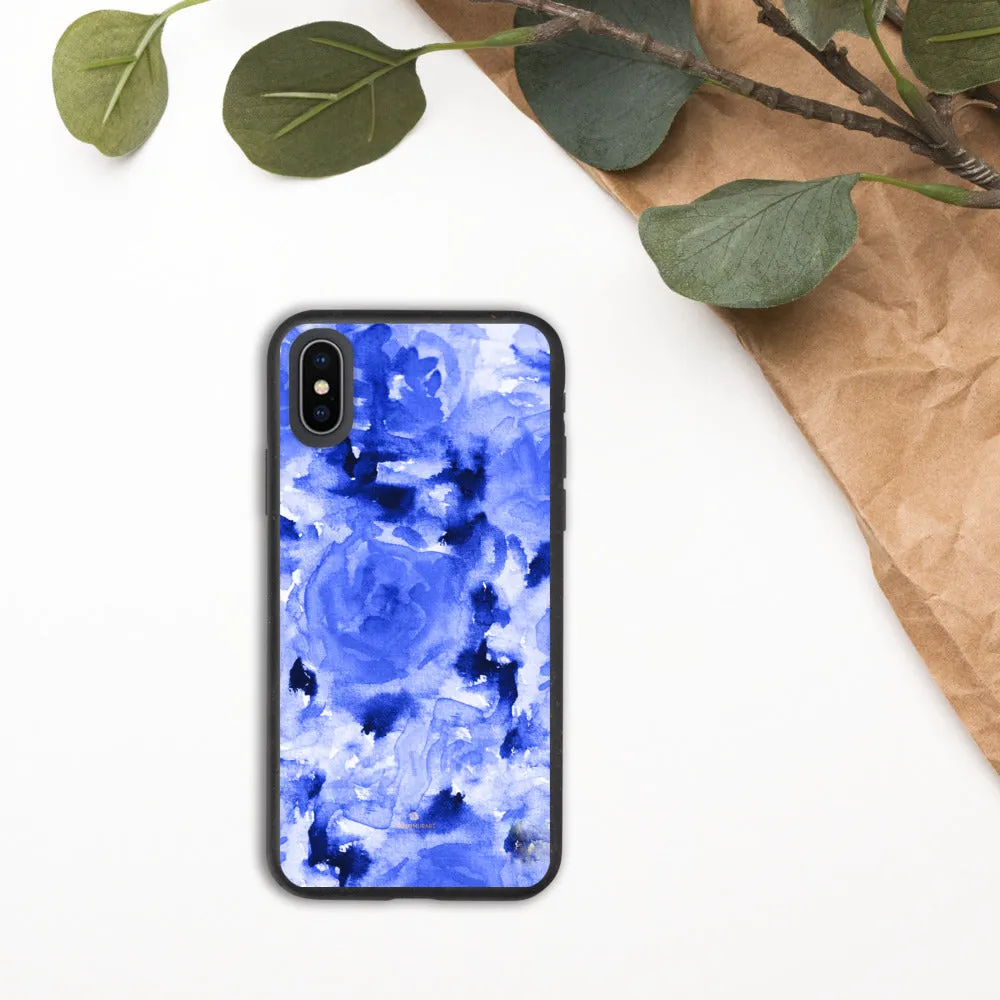 Blue Floral Biodegradable Phone Case, Flower Print Anti-Shock iPhone Case-Printed in EU