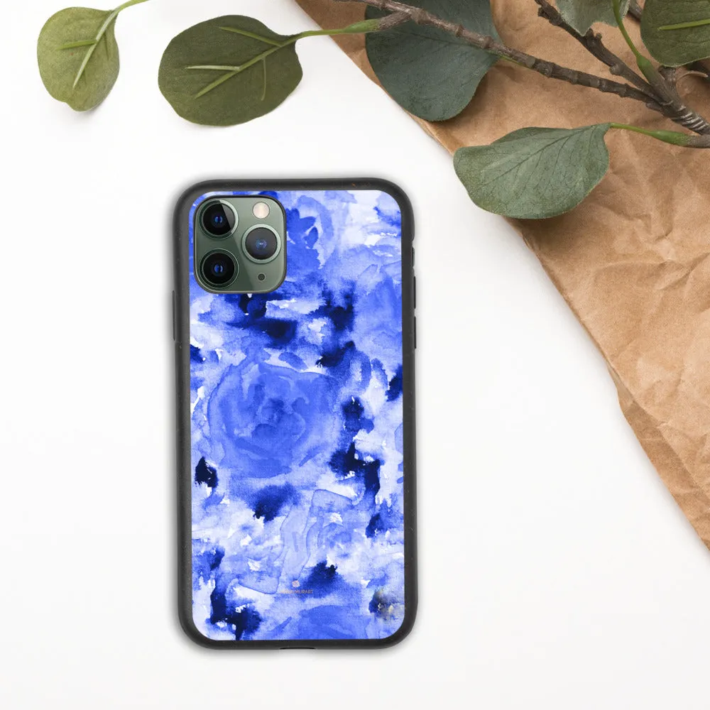 Blue Floral Biodegradable Phone Case, Flower Print Anti-Shock iPhone Case-Printed in EU