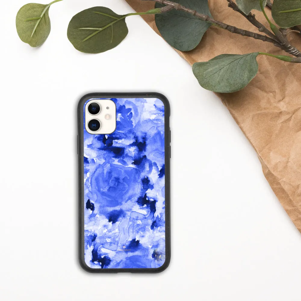 Blue Floral Biodegradable Phone Case, Flower Print Anti-Shock iPhone Case-Printed in EU