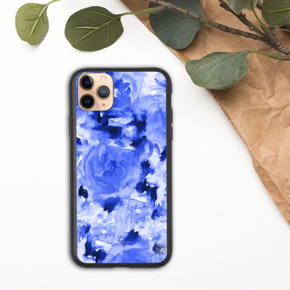 Blue Floral Biodegradable Phone Case, Flower Print Anti-Shock iPhone Case-Printed in EU