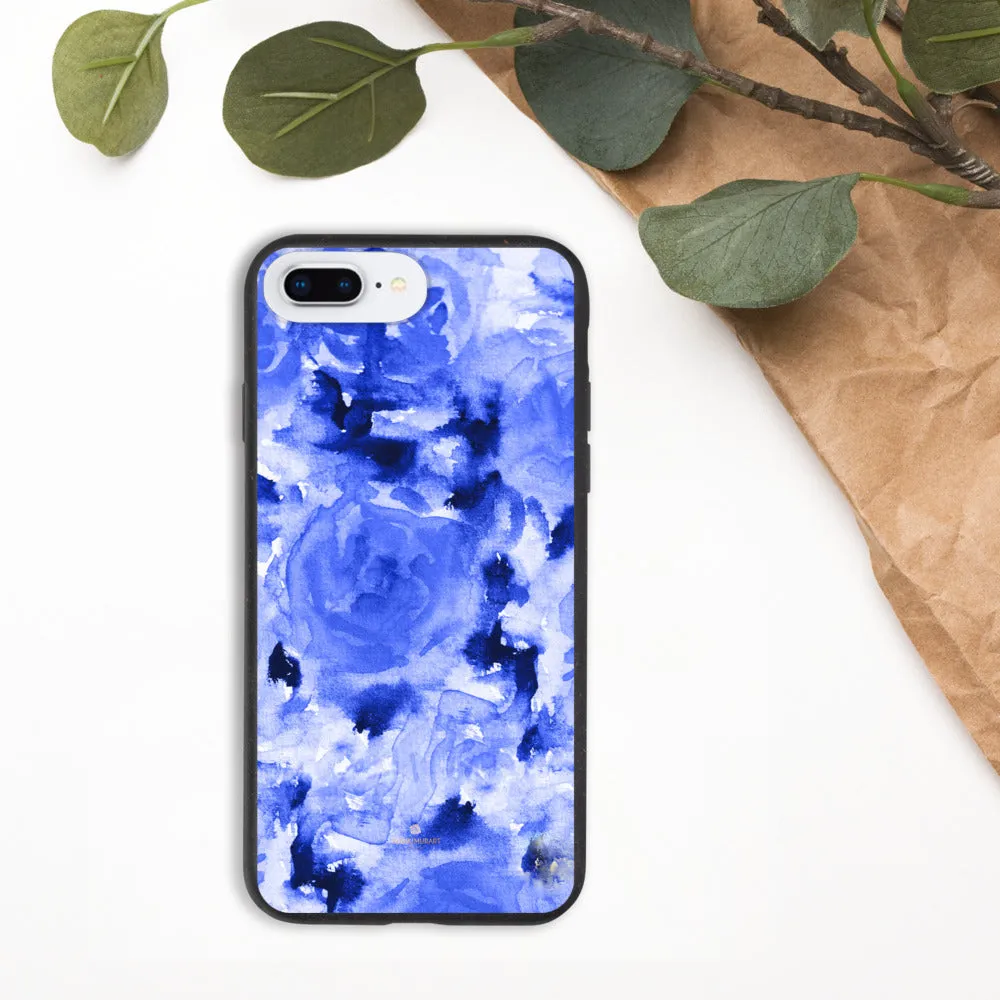 Blue Floral Biodegradable Phone Case, Flower Print Anti-Shock iPhone Case-Printed in EU