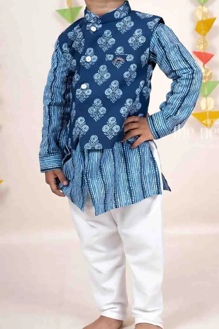 Blue Soft Cotton Printed Kurta Suit For Baby Boys