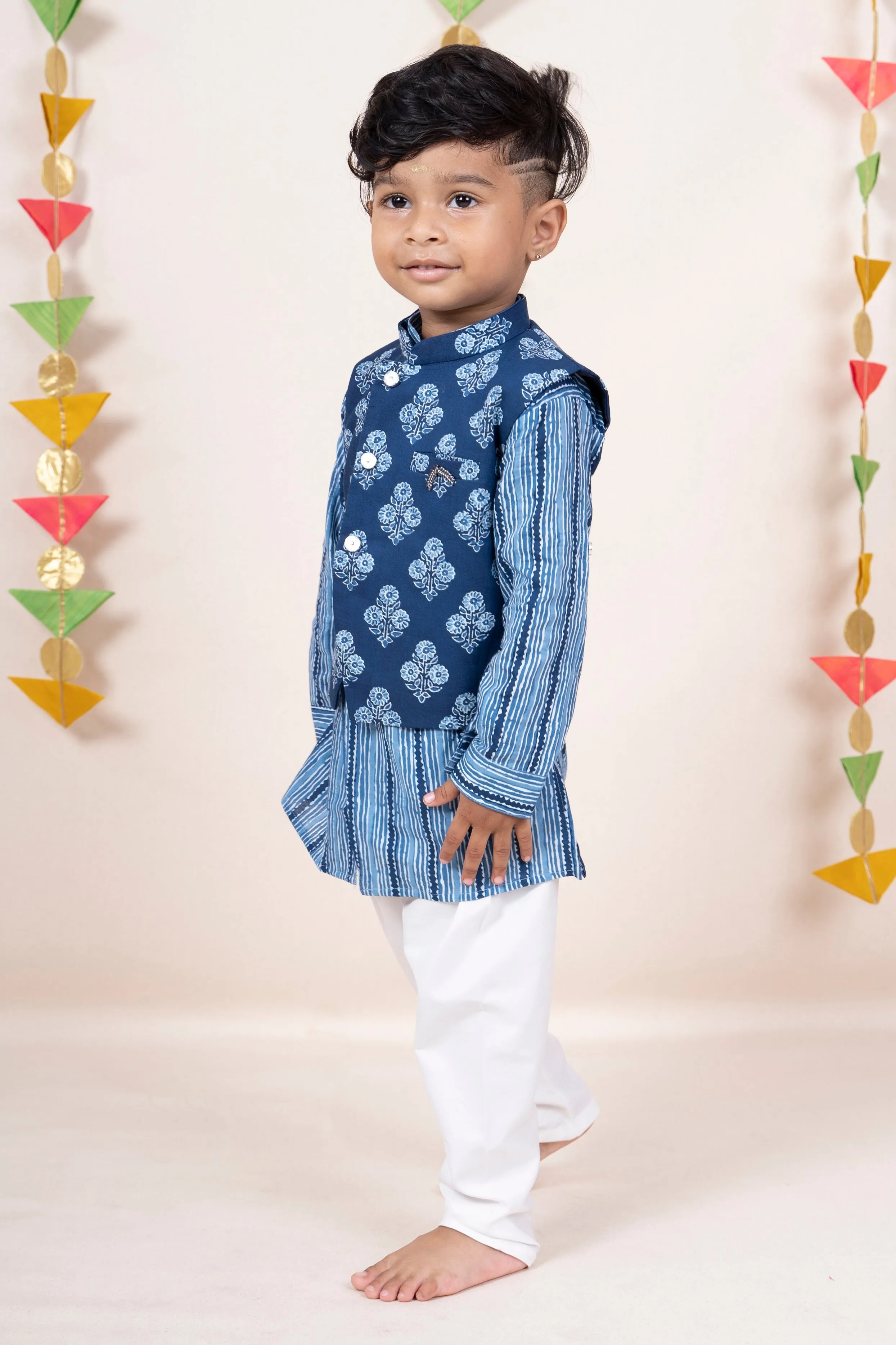 Blue Soft Cotton Printed Kurta Suit For Baby Boys