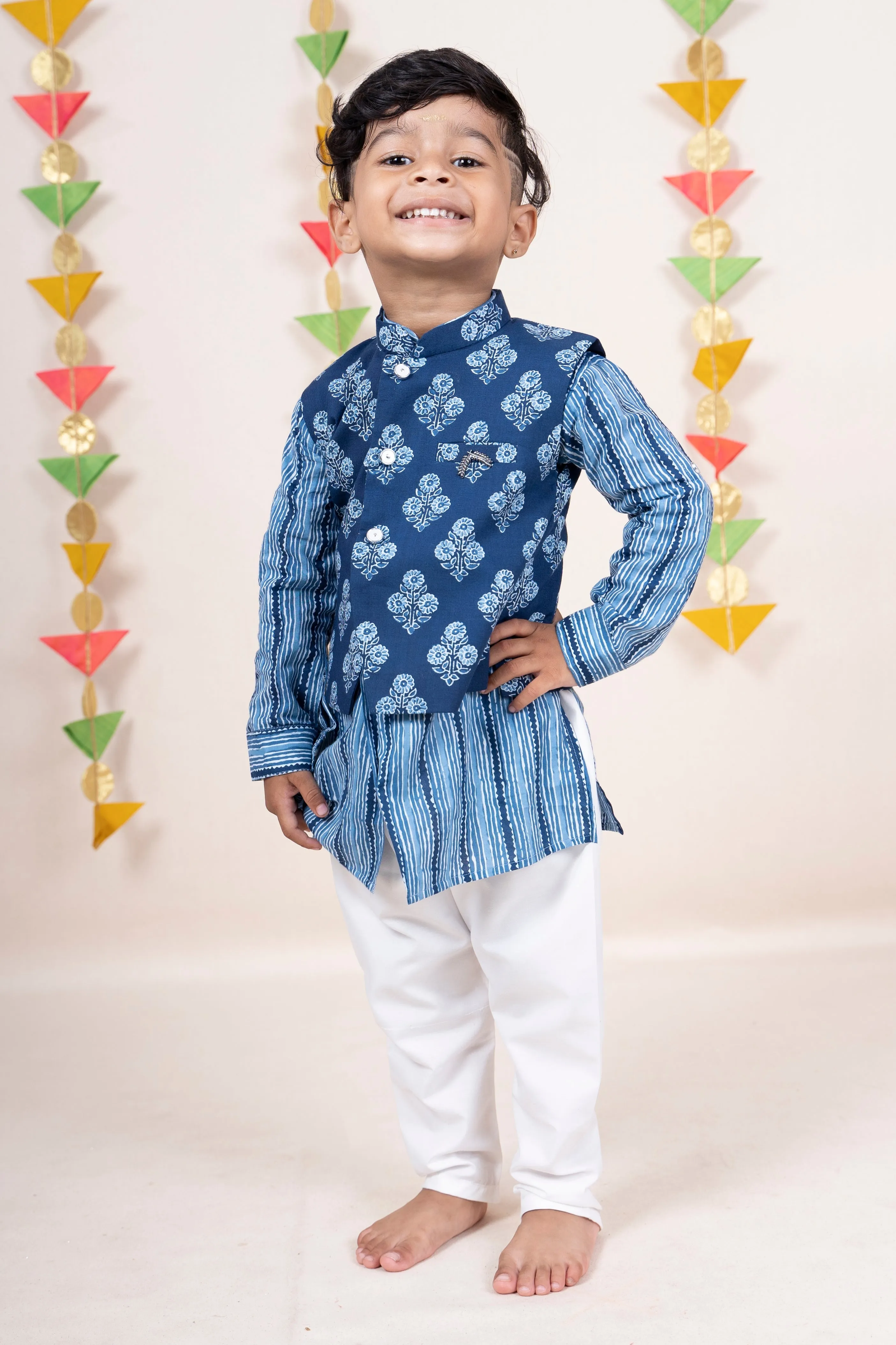 Blue Soft Cotton Printed Kurta Suit For Baby Boys