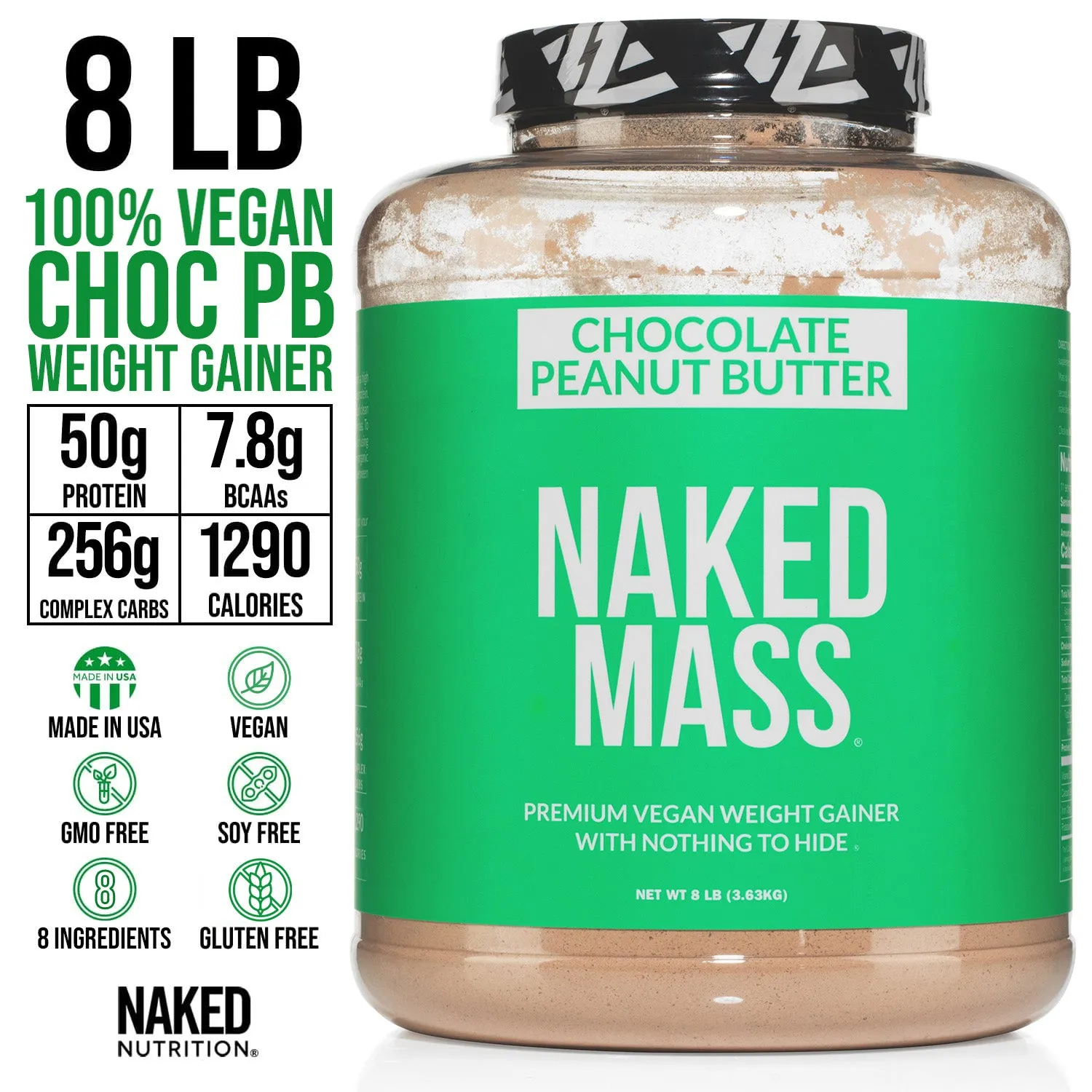 Chocolate Peanut Butter Vegan Weight Gainer Supplement | Naked Vegan Mass - 8LB