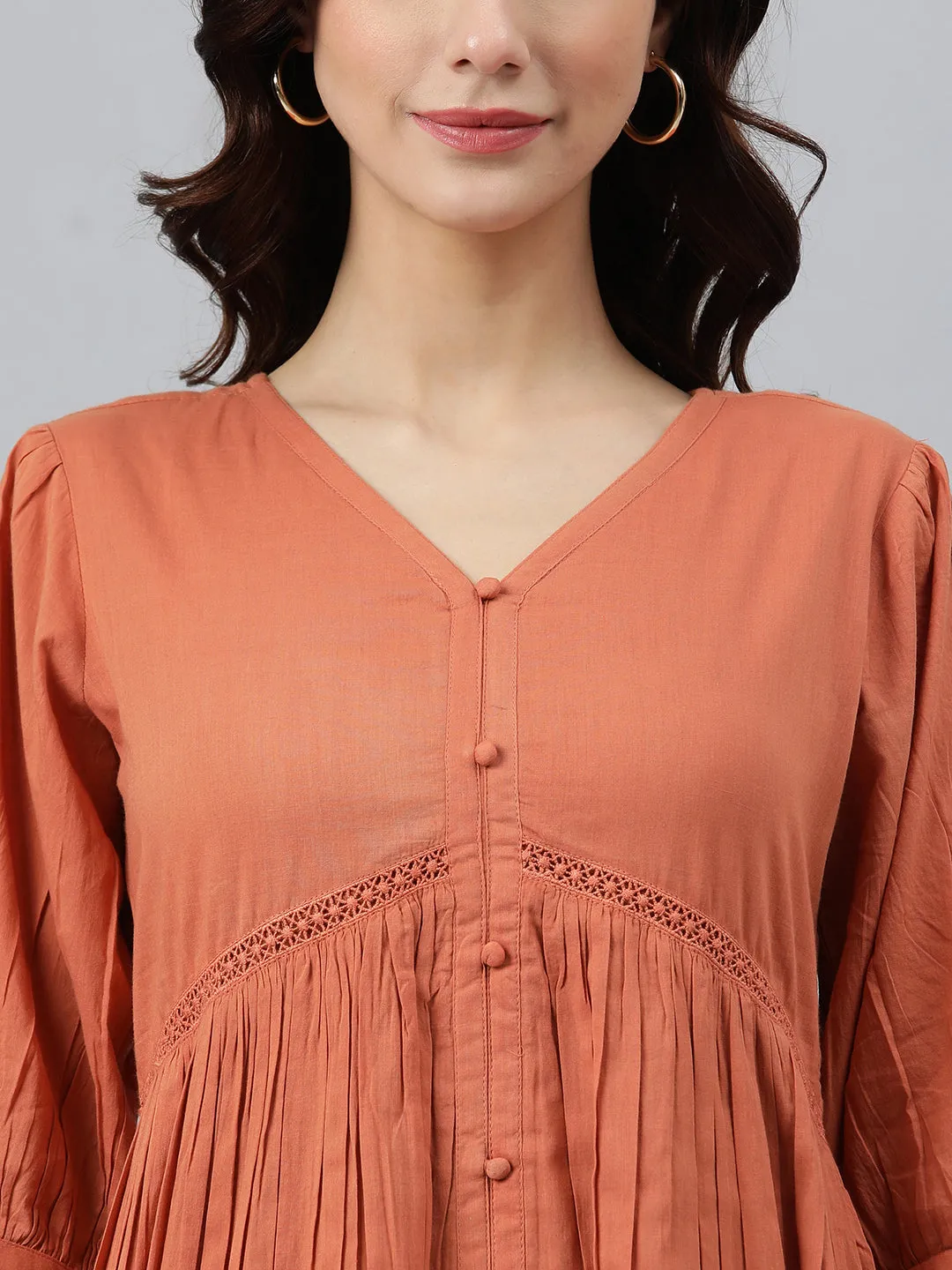 Coral Orange Cotton Solid Flared Western Dress