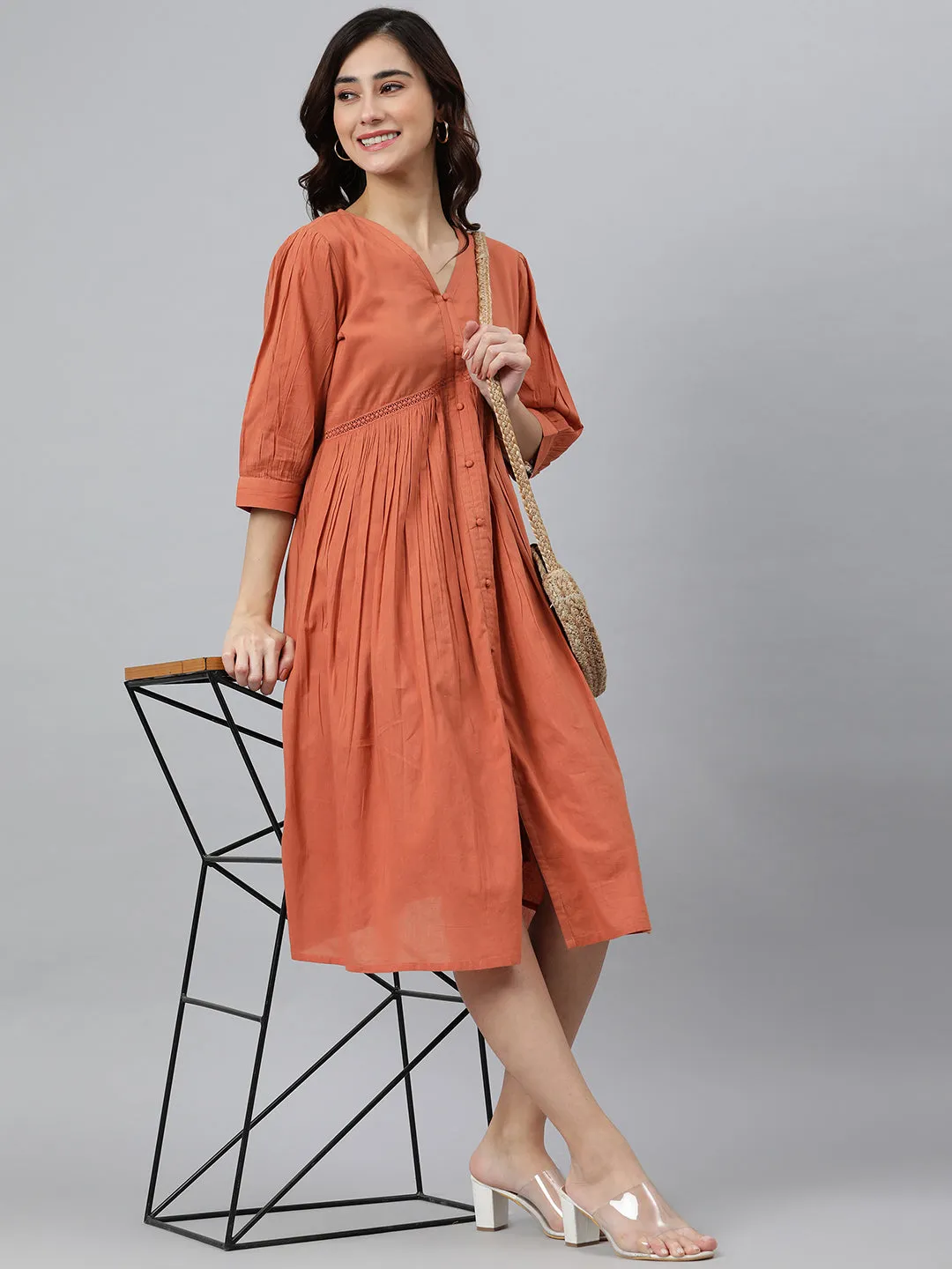 Coral Orange Cotton Solid Flared Western Dress