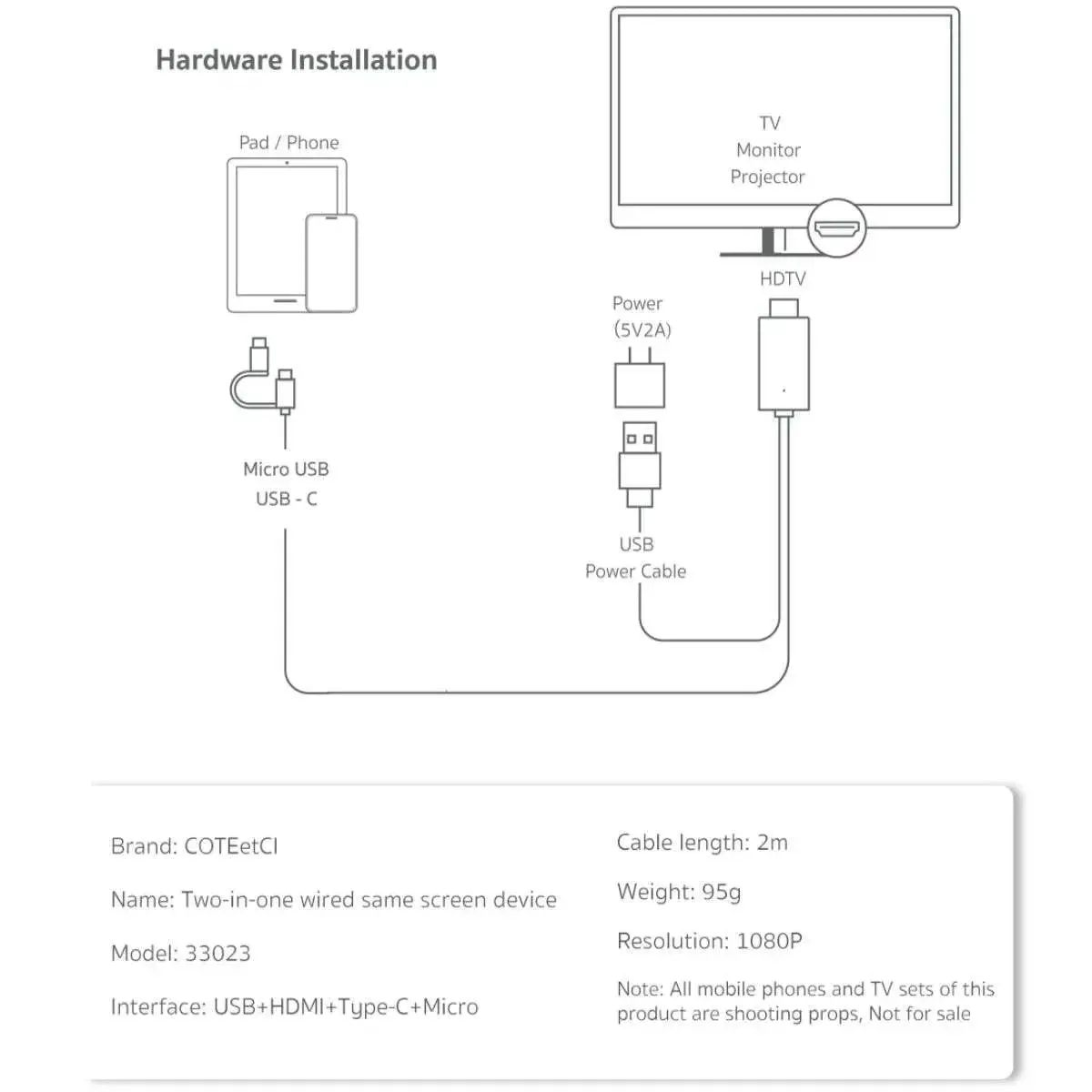 COTECi 2 IN 1 HDMI Cable to Type-C and Micro USB 1080P 2M - 33023