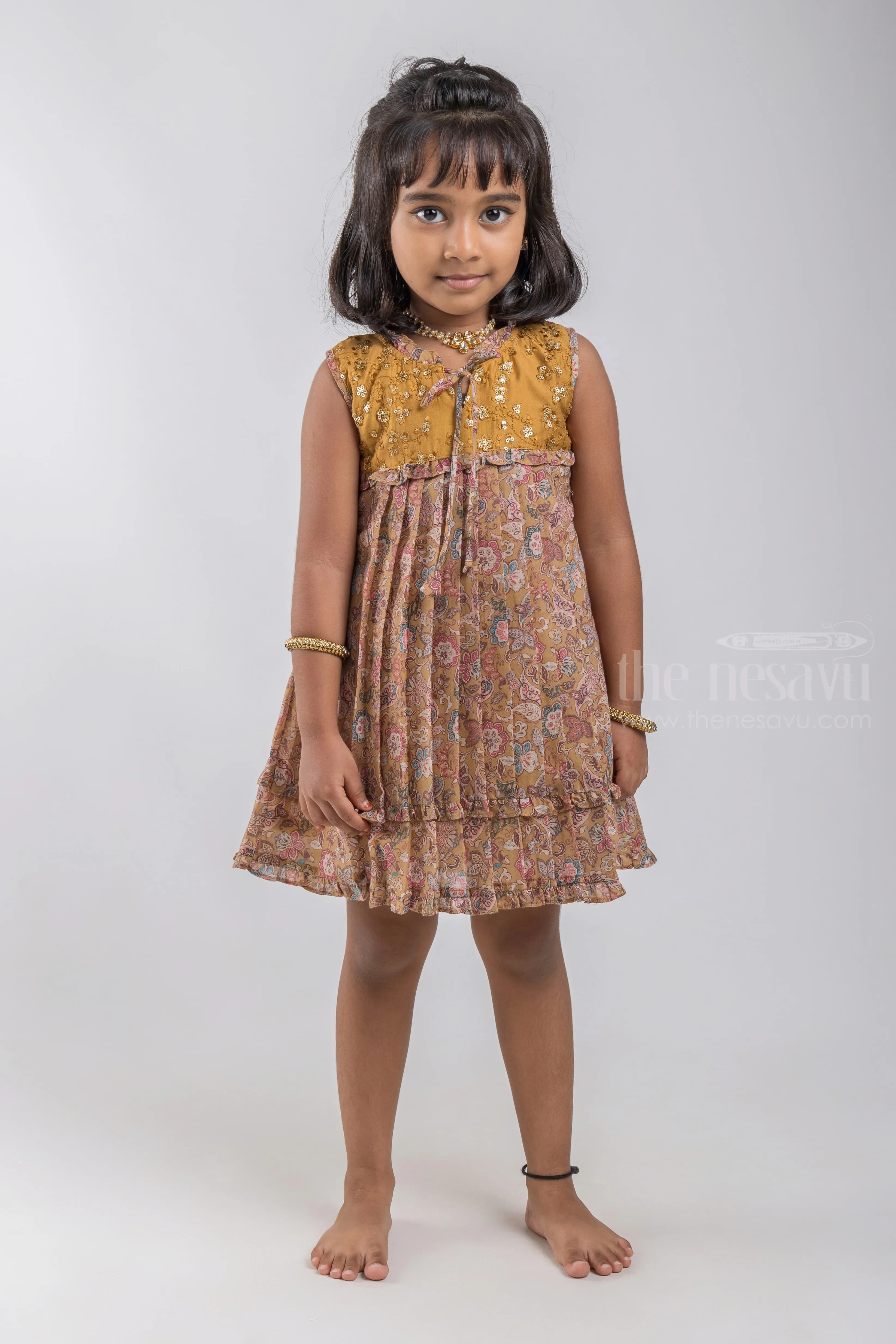 Cute Beige Floral Printed Pleated Cotton Frock For Baby Girls