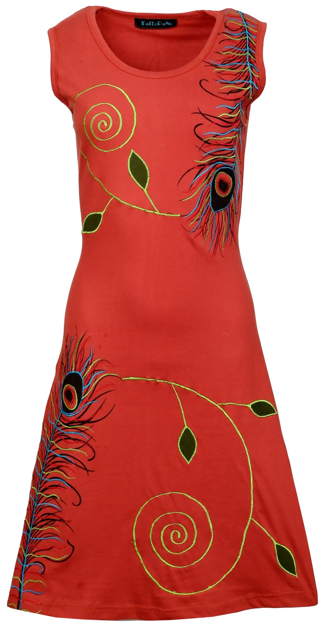 Dark Orange Dress With Mayur Print & Embroidery.