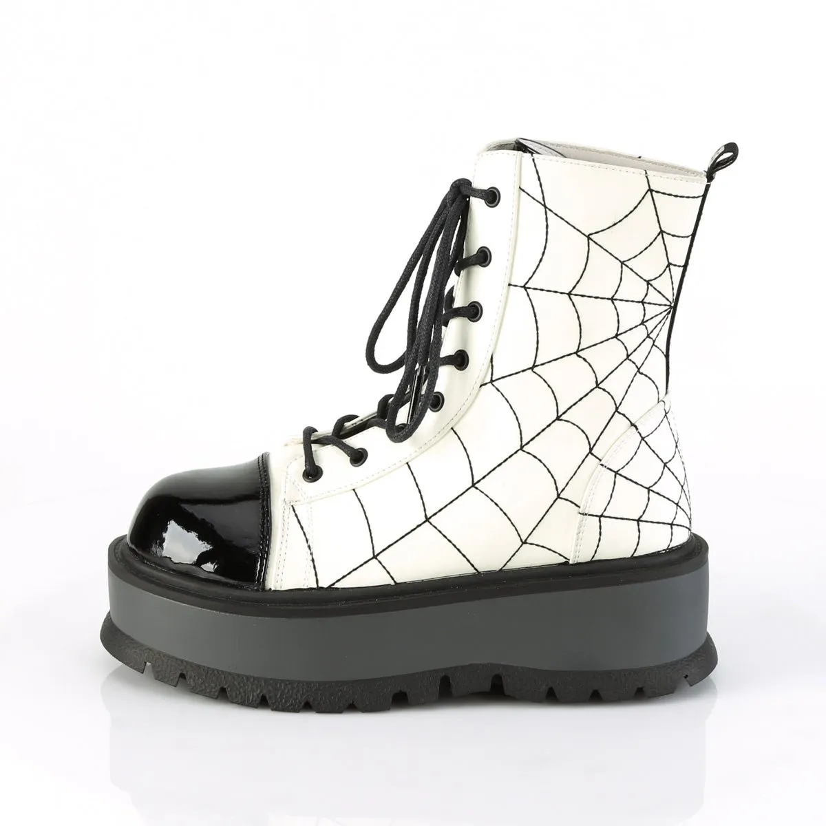 Demonia SLACKER-88 | White Black Glow Vegan Patent Leather Boots