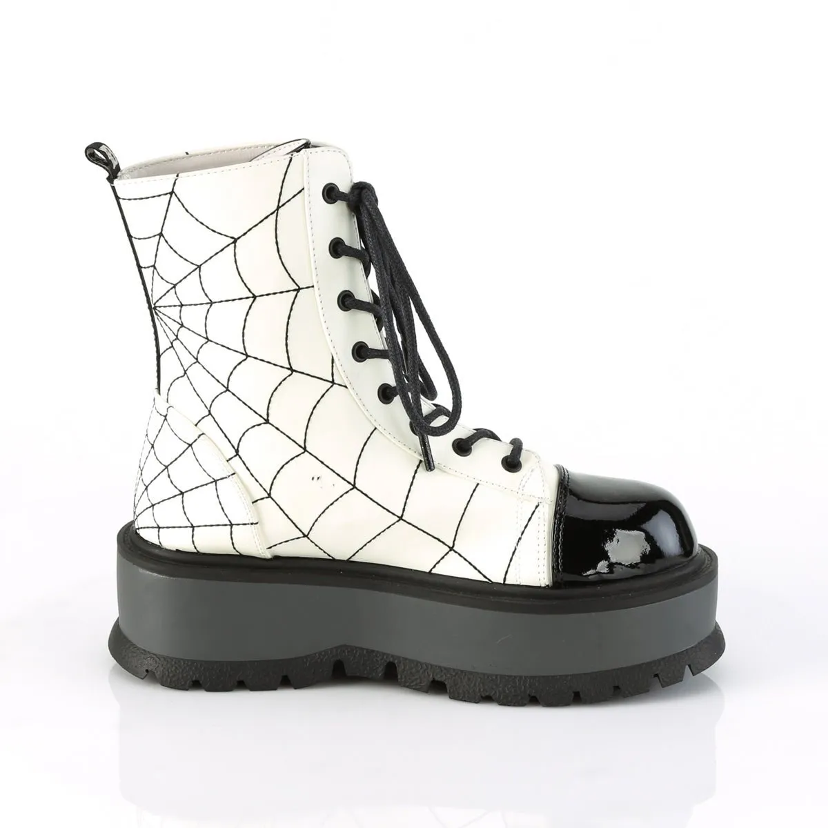 Demonia SLACKER-88 | White Black Glow Vegan Patent Leather Boots