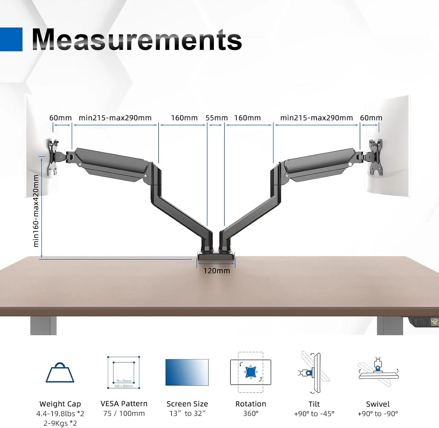 Dual Gas Spring Monitor Arm Desk Mount for 13-32 Inch Monitors