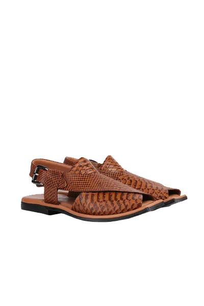 Eddie Men's Real Cow Leather Snake Print Peshawari Chappal Tan