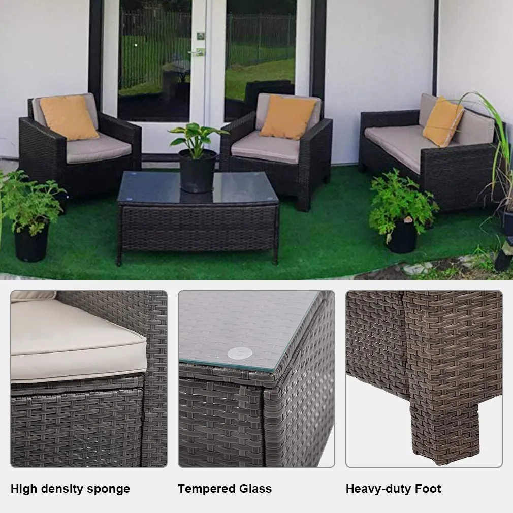 FDW Patio Furniture Set 4pcs Outdoor PE Rattan Wicker Sofa Garden Conversation Set Cushioned with Coffee Table Bistro Sets for Yard,Pool or Backyard