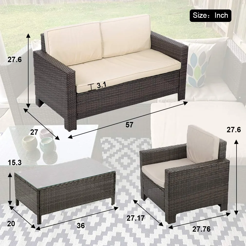 FDW Patio Furniture Set 4pcs Outdoor PE Rattan Wicker Sofa Garden Conversation Set Cushioned with Coffee Table Bistro Sets for Yard,Pool or Backyard