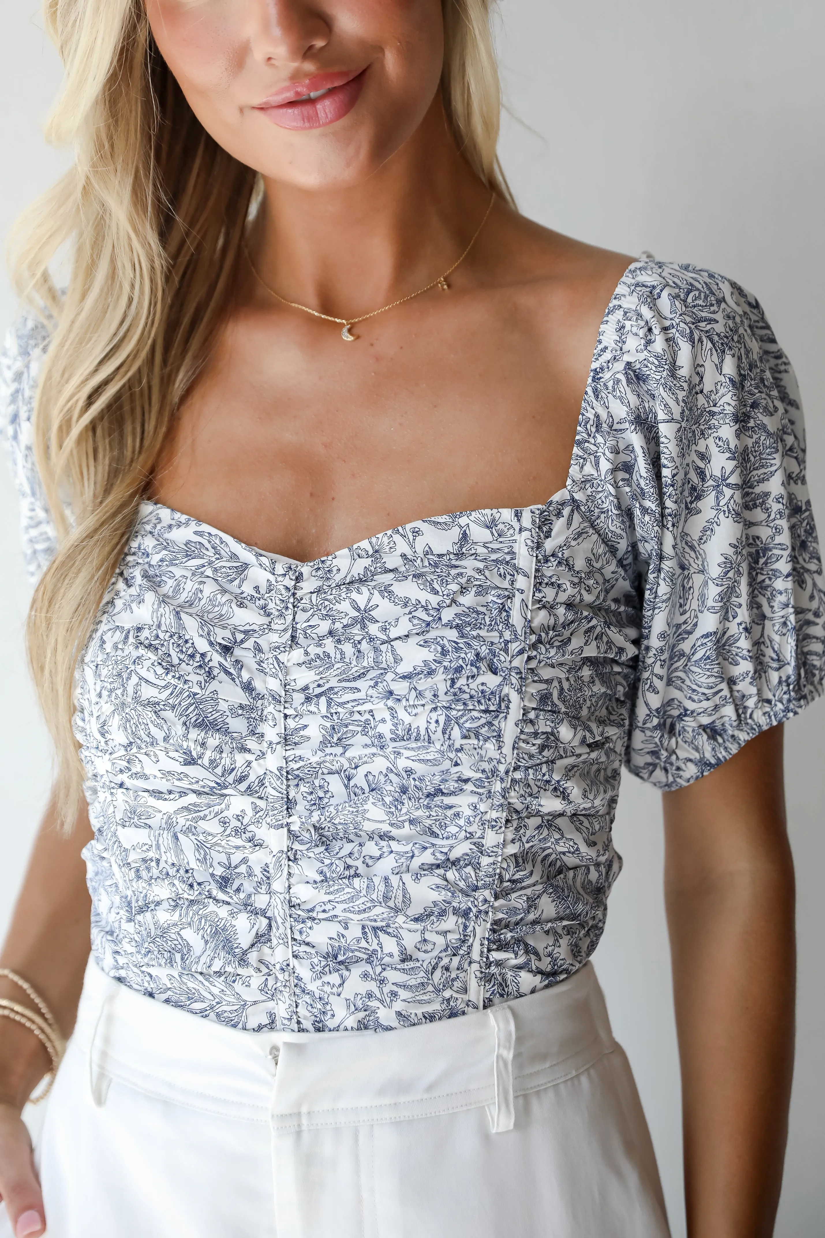 FINAL SALE - Sunny Confidence Blue Floral Ruched Blouse