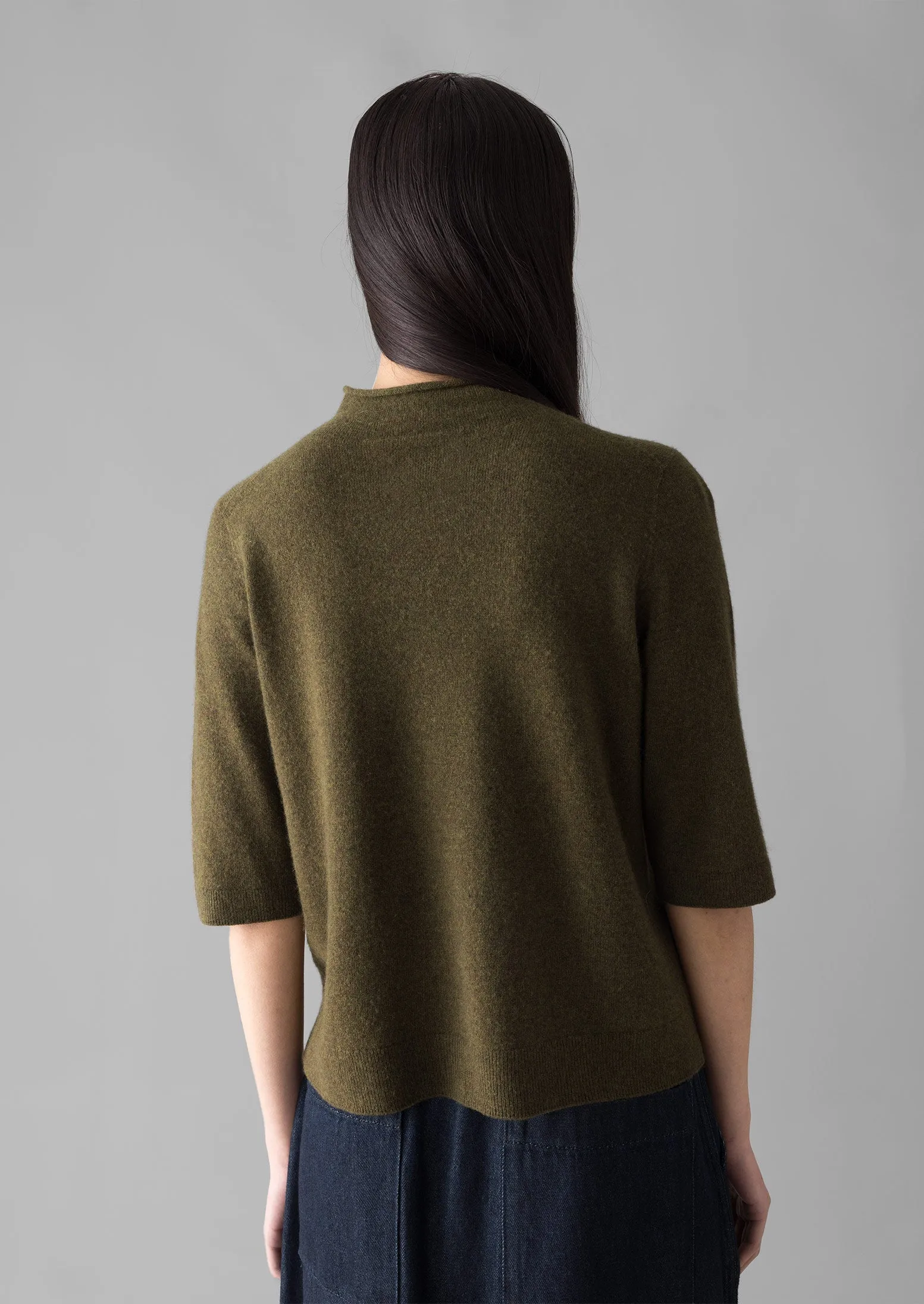 Fine Wool Cashmere Half Sleeve Sweater | Olive Melange