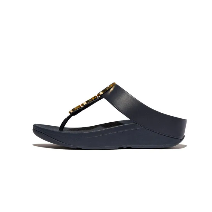 Fitflop Women Fino Resin-Hoop Leather Toe-Post Sandals |IB8-399| Midnight Navy