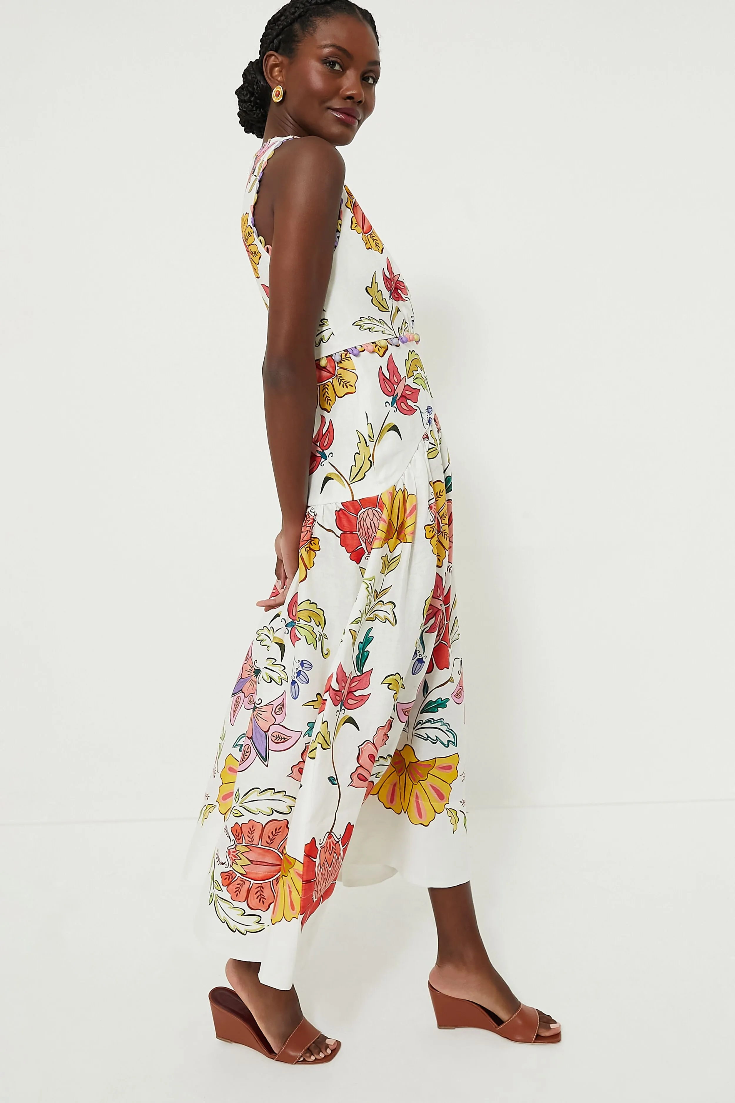 Floral Insects Off White Sleeveless Maxi Dress