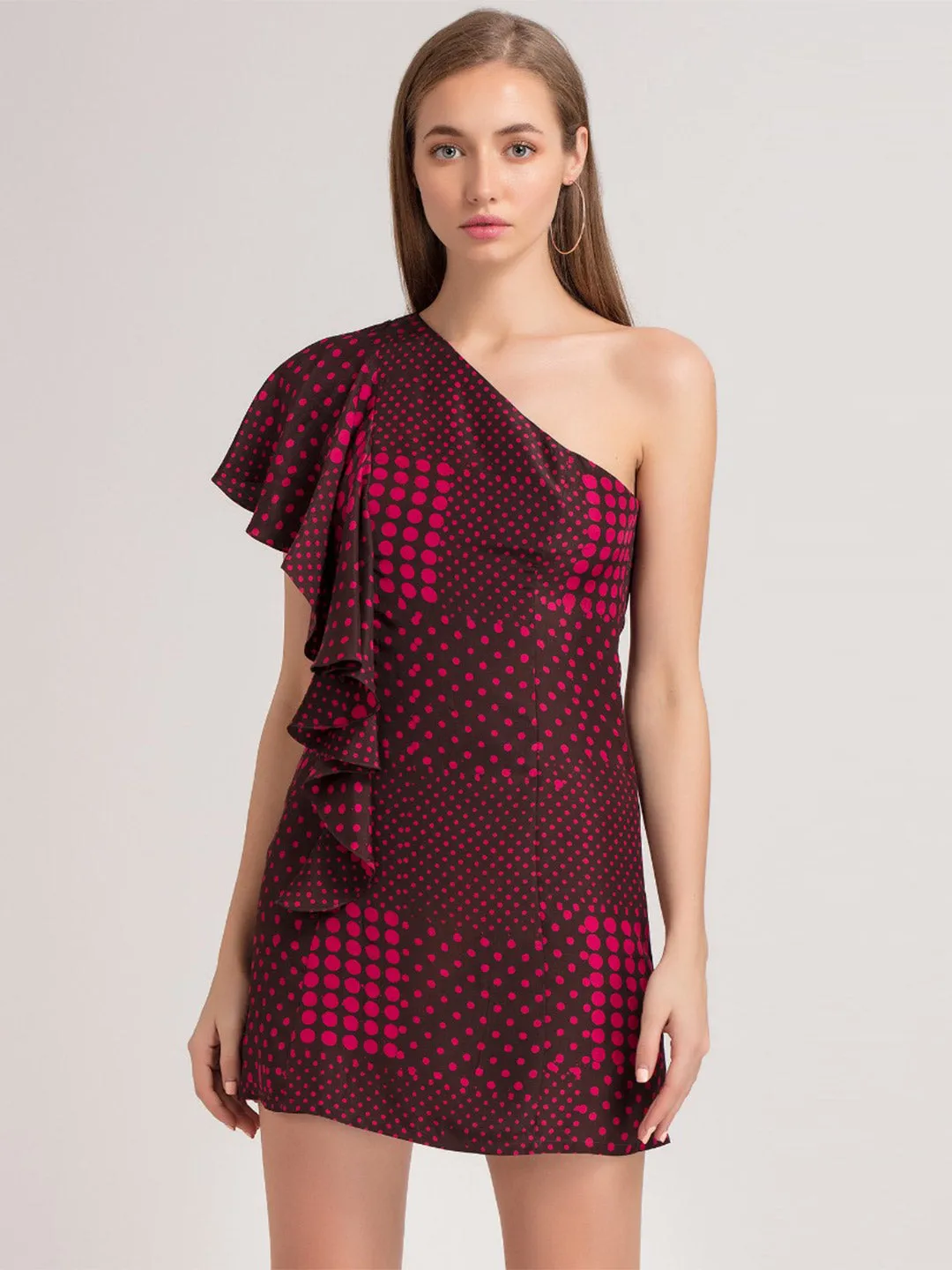 Fuchsia Polka One Shoulder Dress