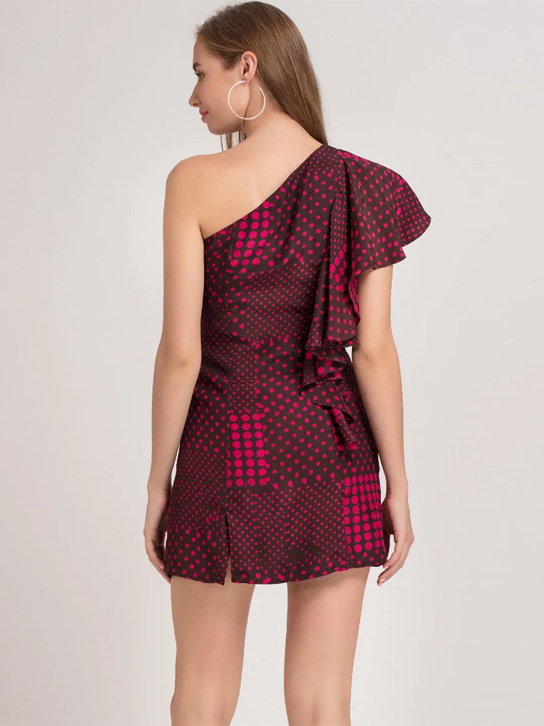 Fuchsia Polka One Shoulder Dress