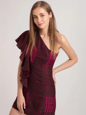 Fuchsia Polka One Shoulder Dress