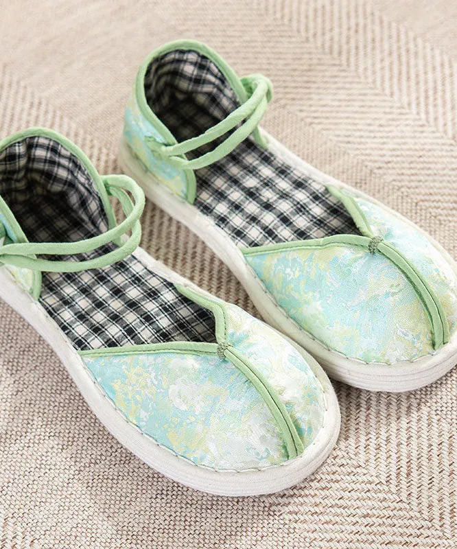 Green Flat Shoes For Women Cotton Fabric Splicing Buckle Strap Embroidery LY4350