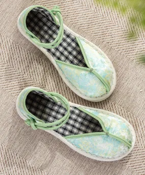 Green Flat Shoes For Women Cotton Fabric Splicing Buckle Strap Embroidery LY4350